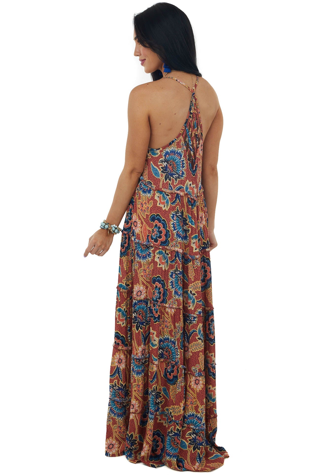 Maroon Printed Sleeveless Tiered Maxi Dress