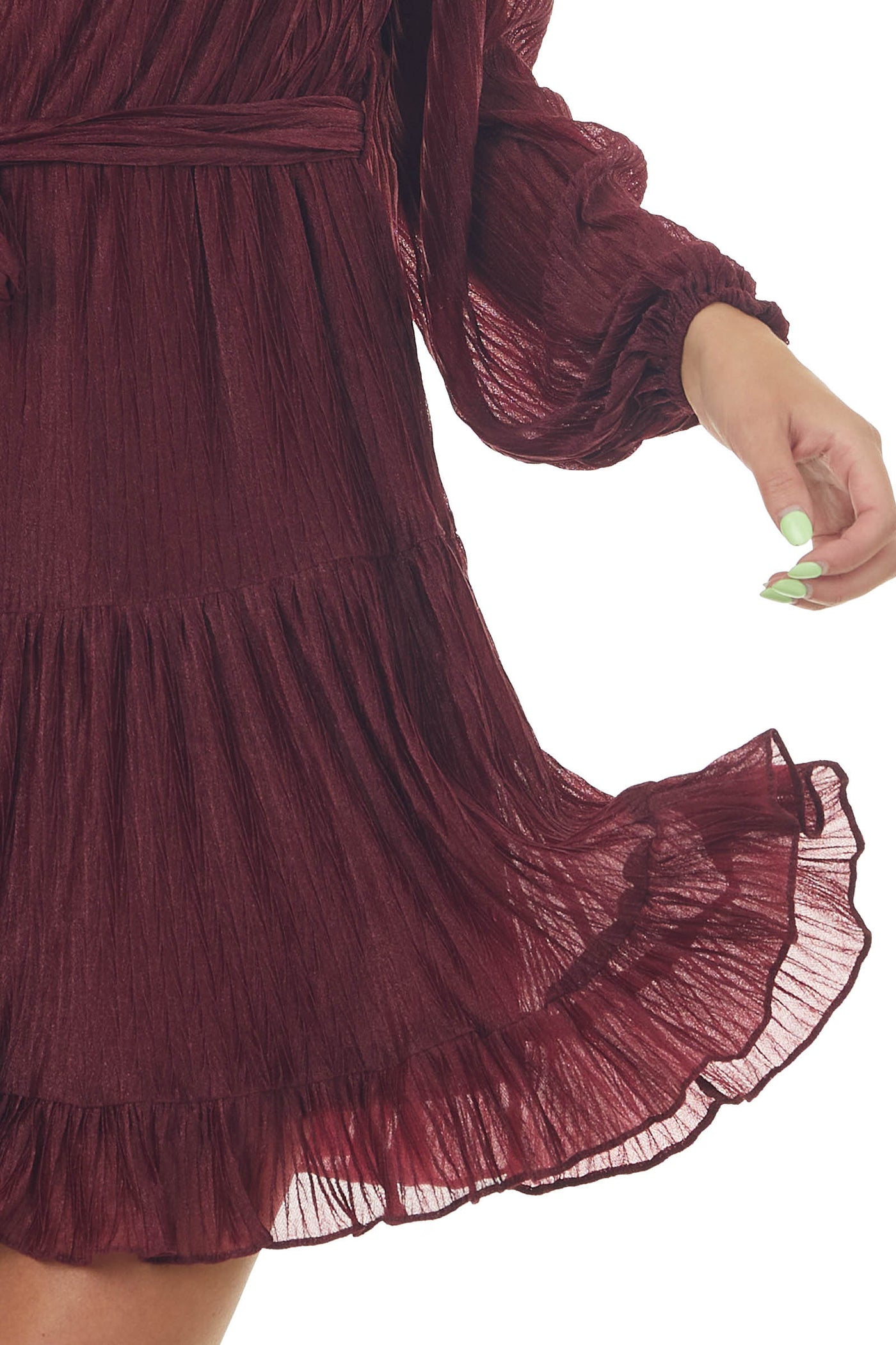 Maroon Puff Sleeve Shimmery Short Dress