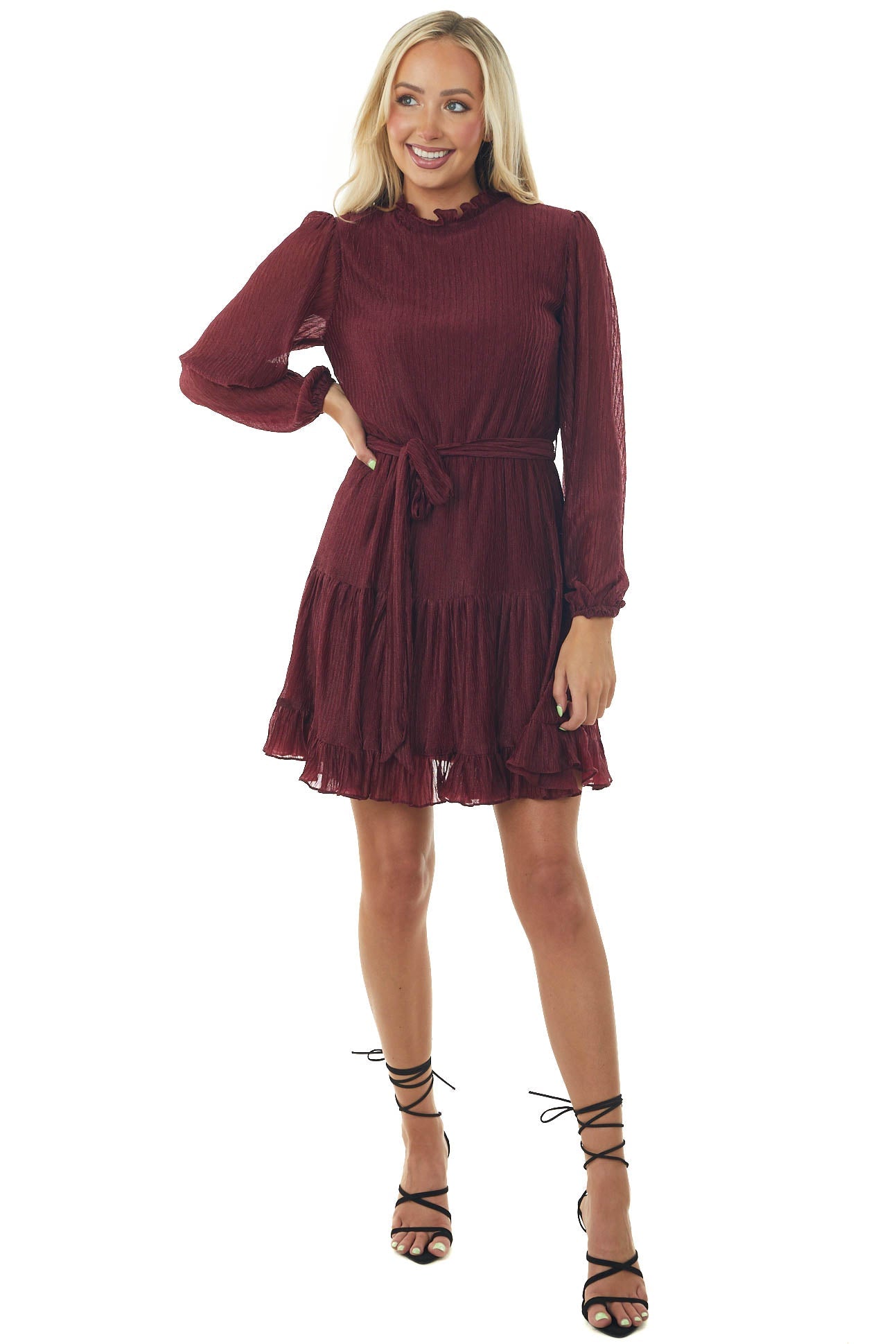 Maroon Puff Sleeve Shimmery Short Dress