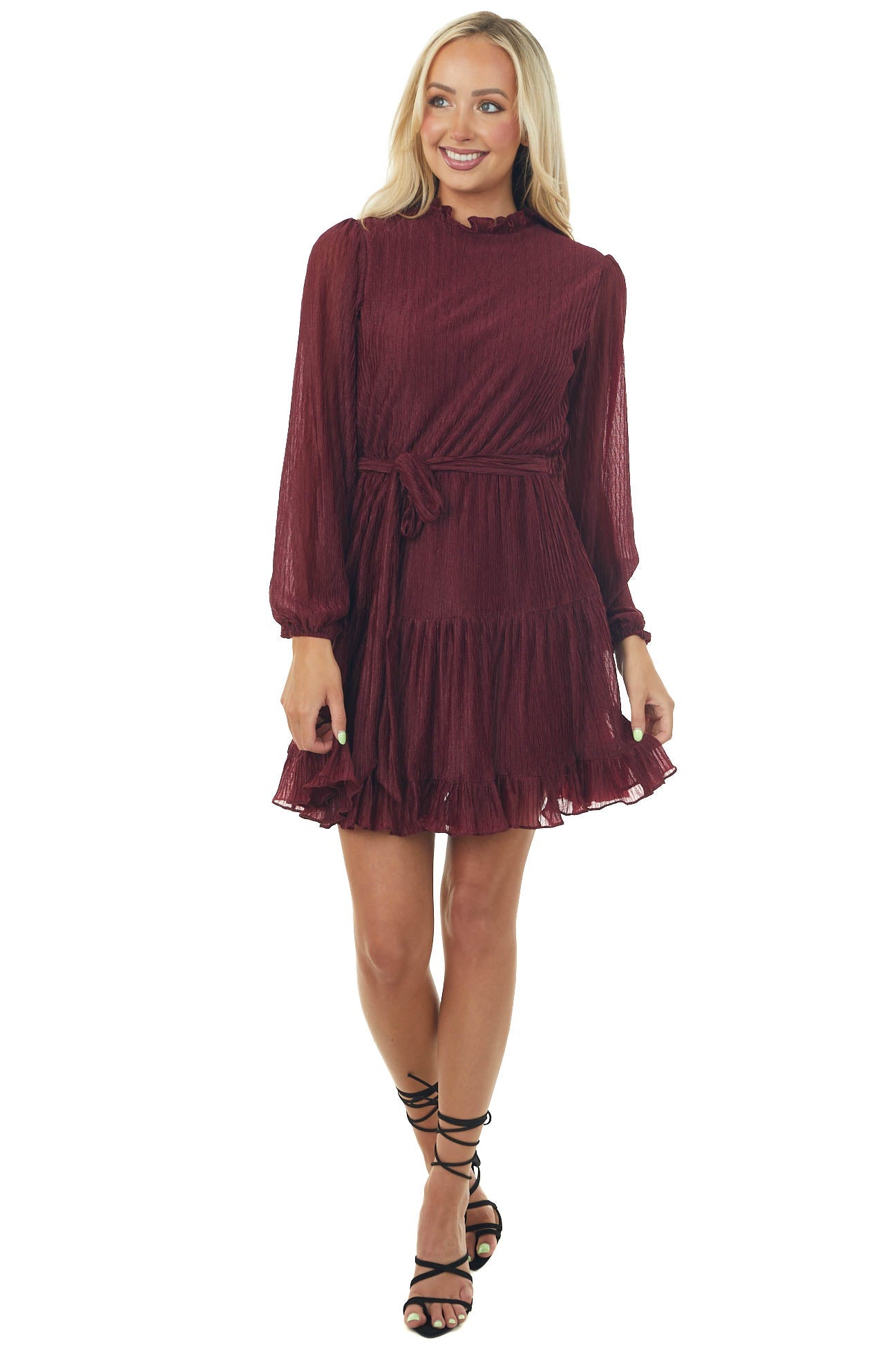 Maroon Puff Sleeve Shimmery Short Dress