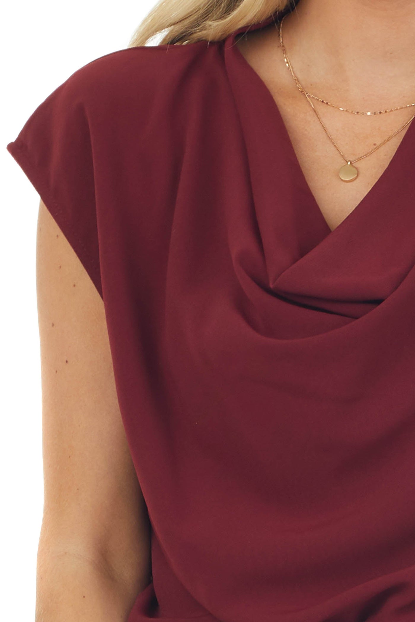 Maroon Short Sleeve Cowl Neck Woven Top