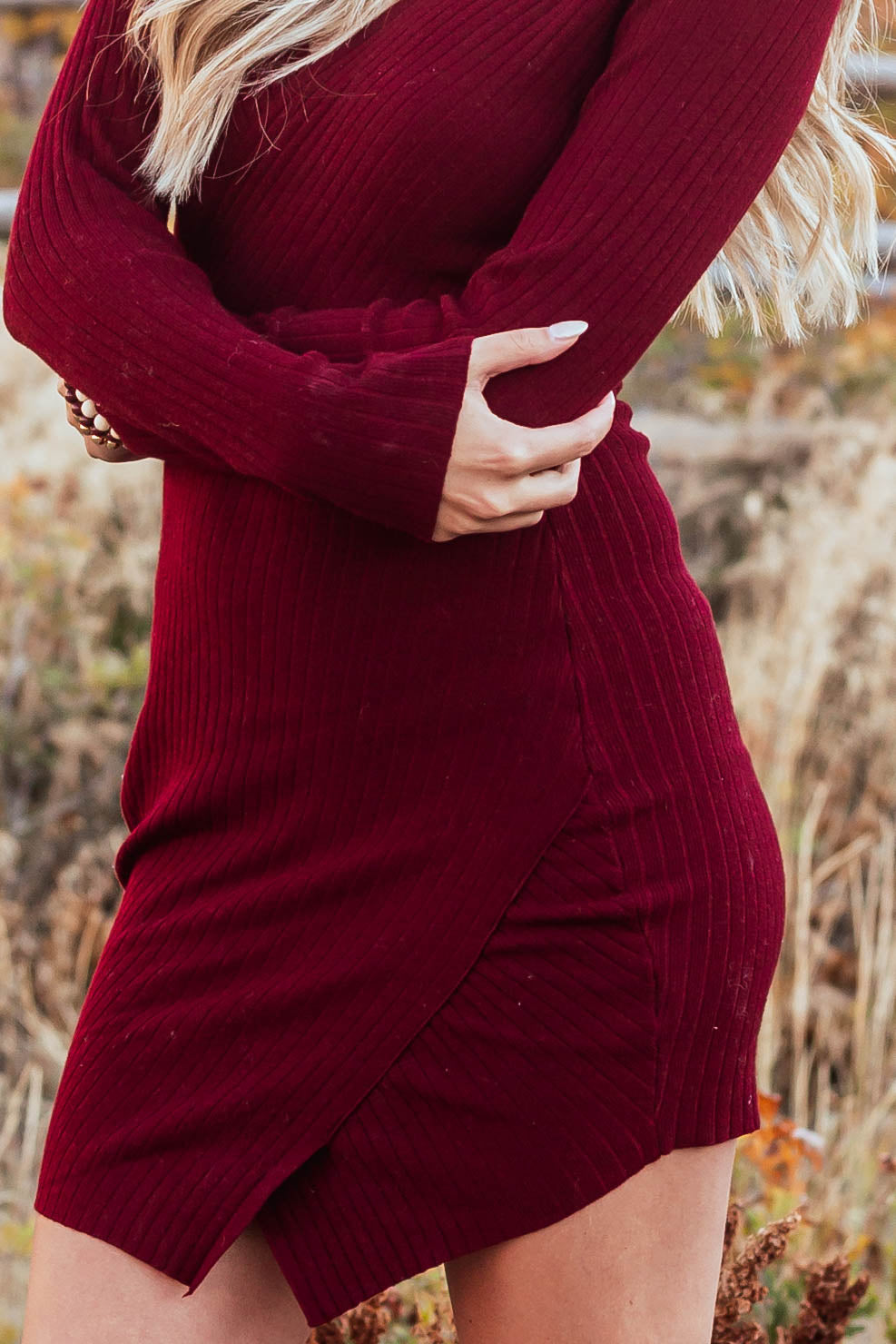 Maroon Surplice Long Sleeve Wrap Mini Dress
