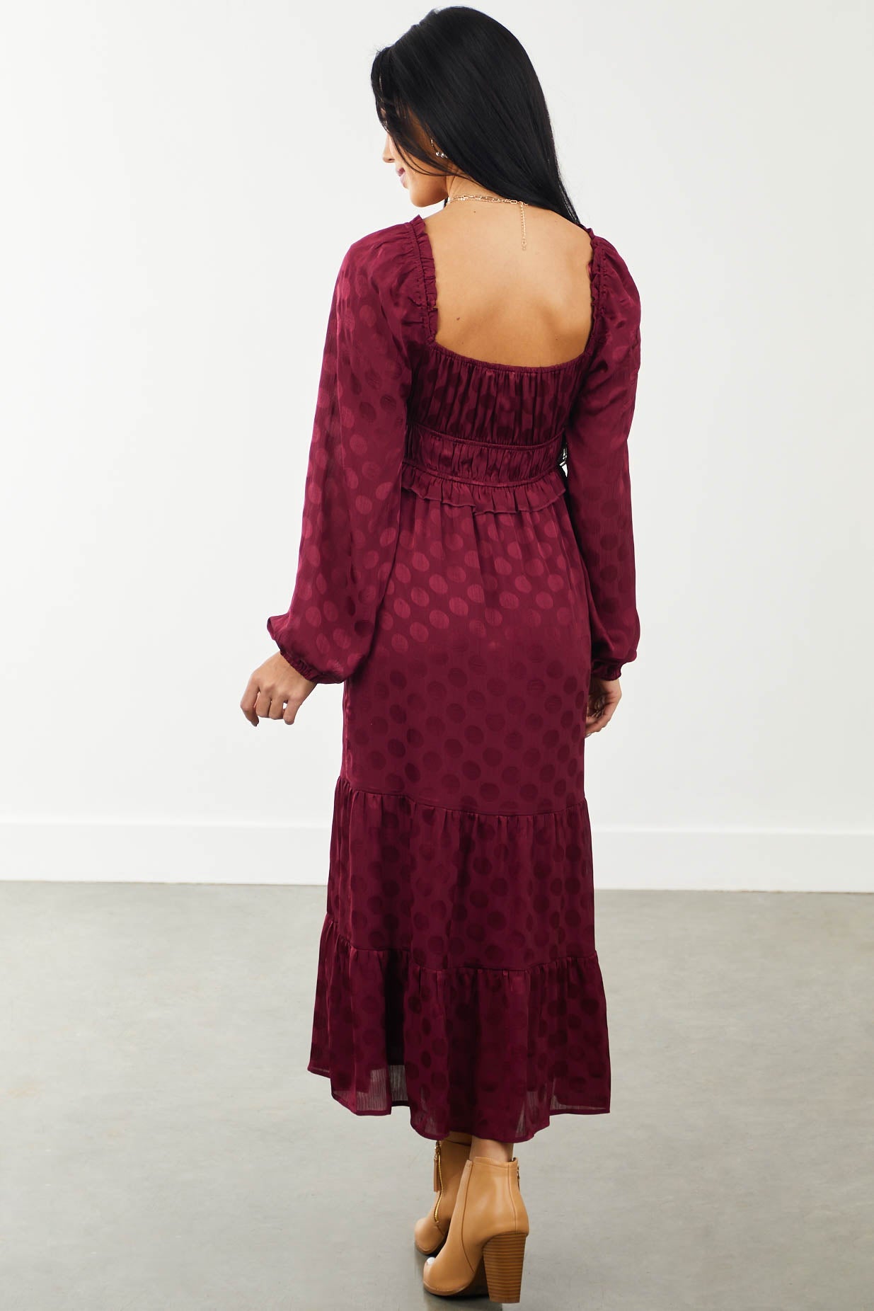 Maroon Textured Polka Dot V Neck Midi Dress
