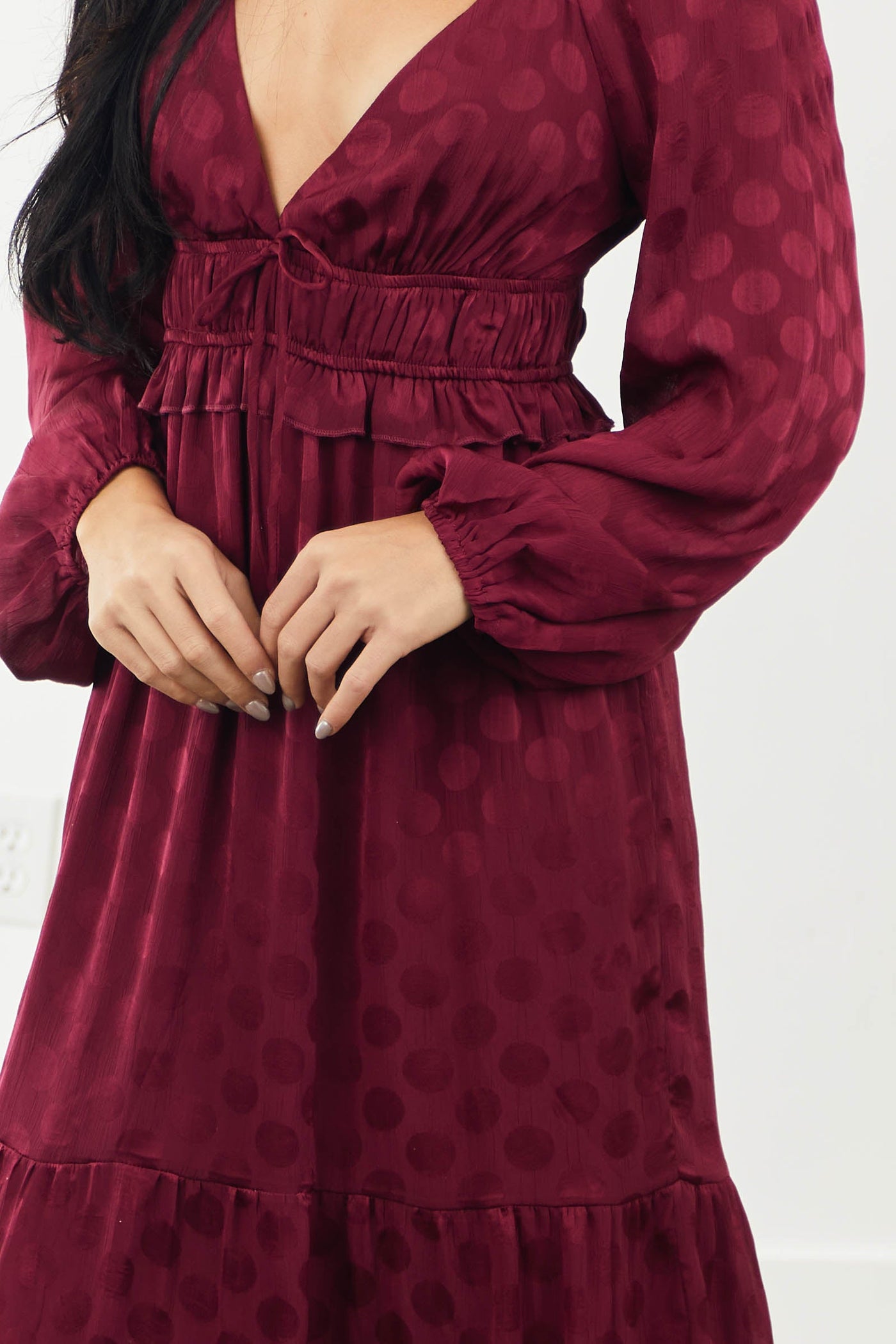Maroon Textured Polka Dot V Neck Midi Dress