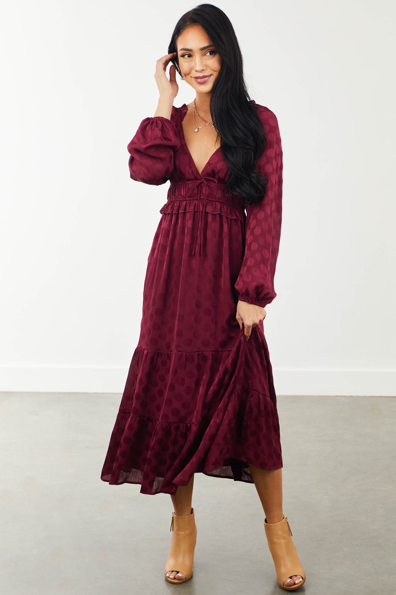 Maroon Textured Polka Dot V Neck Midi Dress