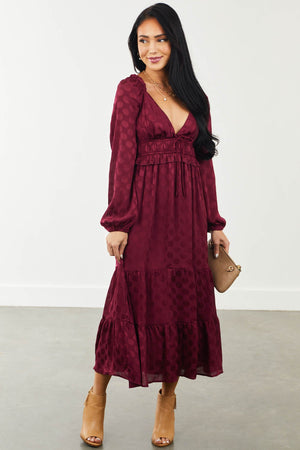 Maroon Textured Polka Dot V Neck Midi Dress