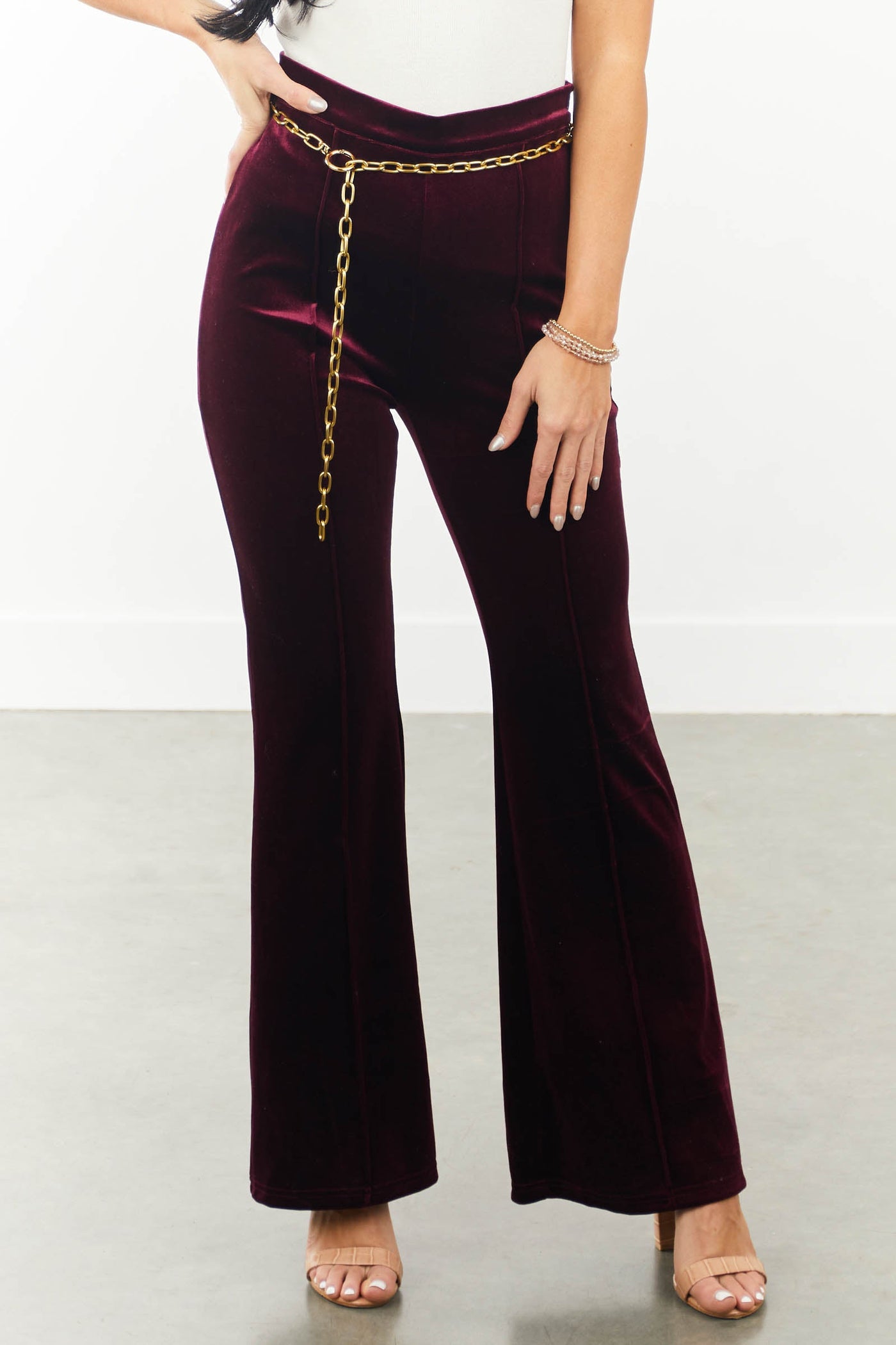 Maroon Velvet High Waisted Flare Pants