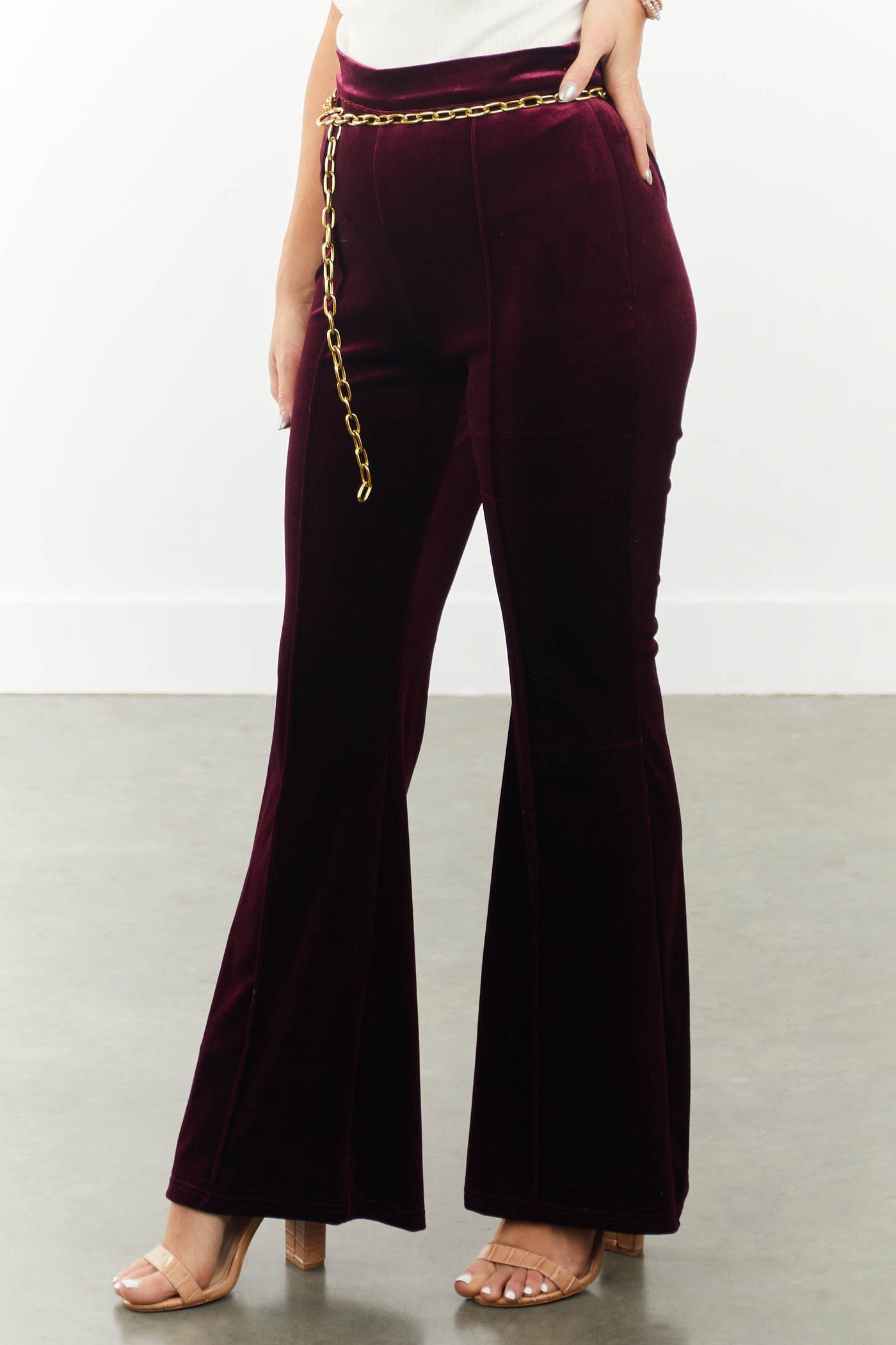 Maroon Velvet High Waisted Flare Pants