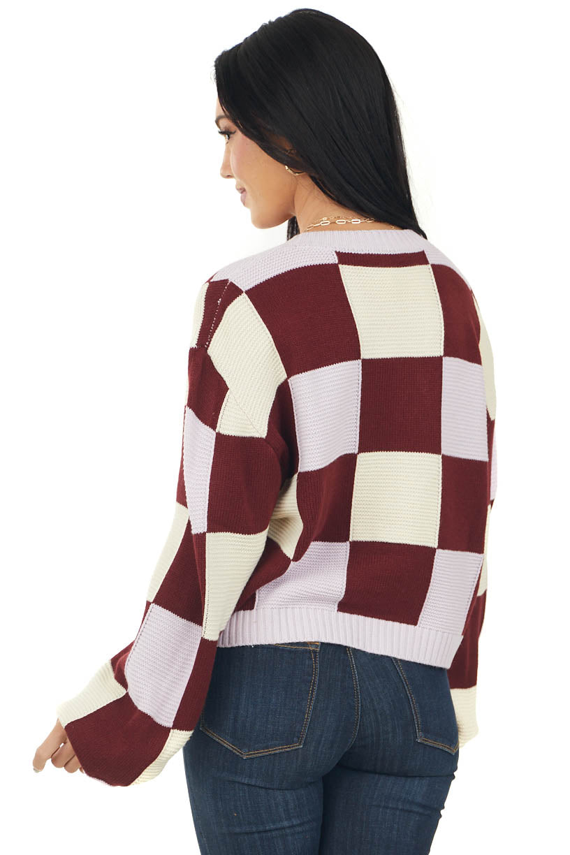 Maroon and Lavender Checkered Button Up Cardigan