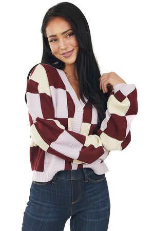 Maroon and Lavender Checkered Button Up Cardigan