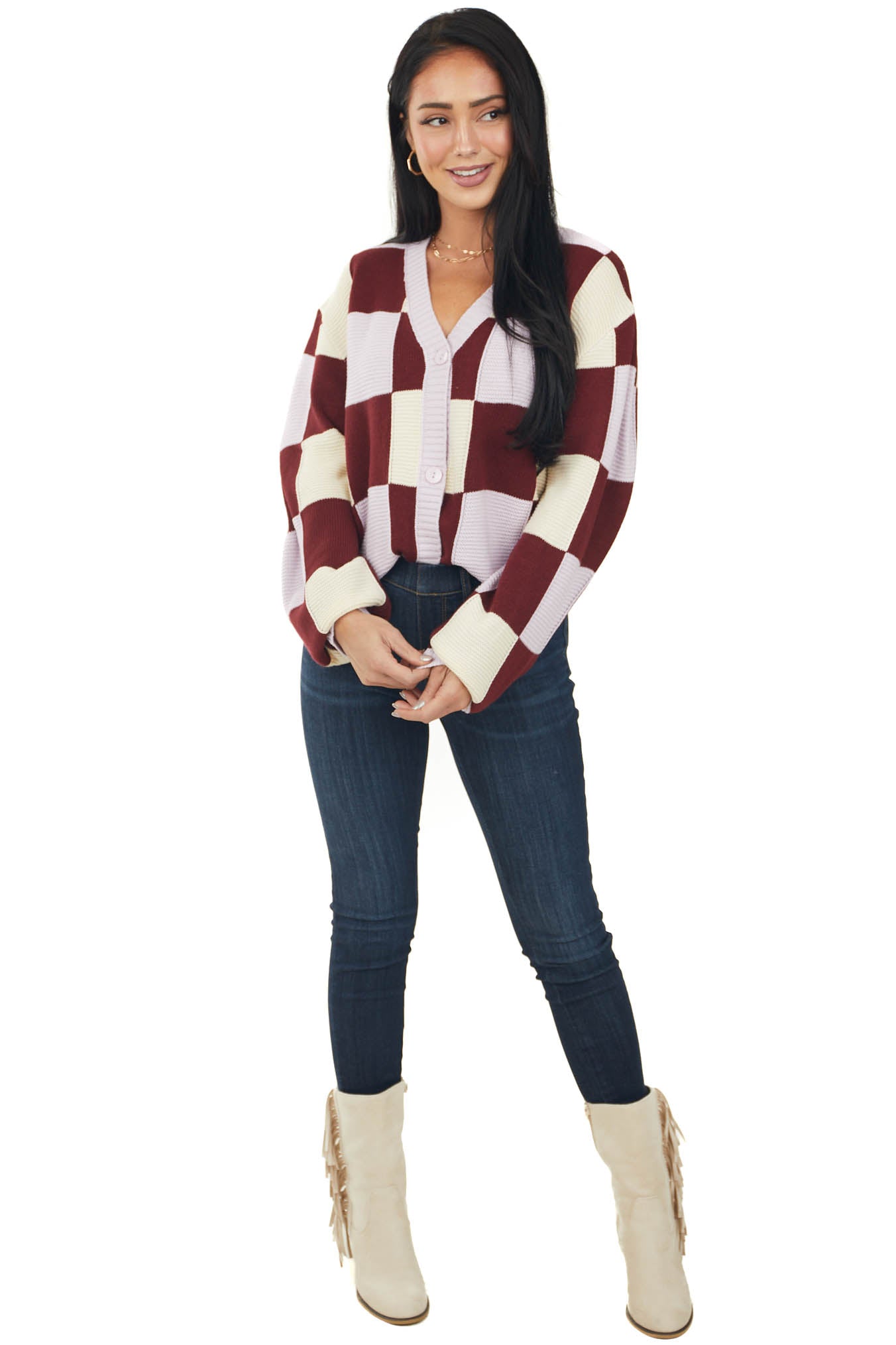 Maroon and Lavender Checkered Button Up Cardigan