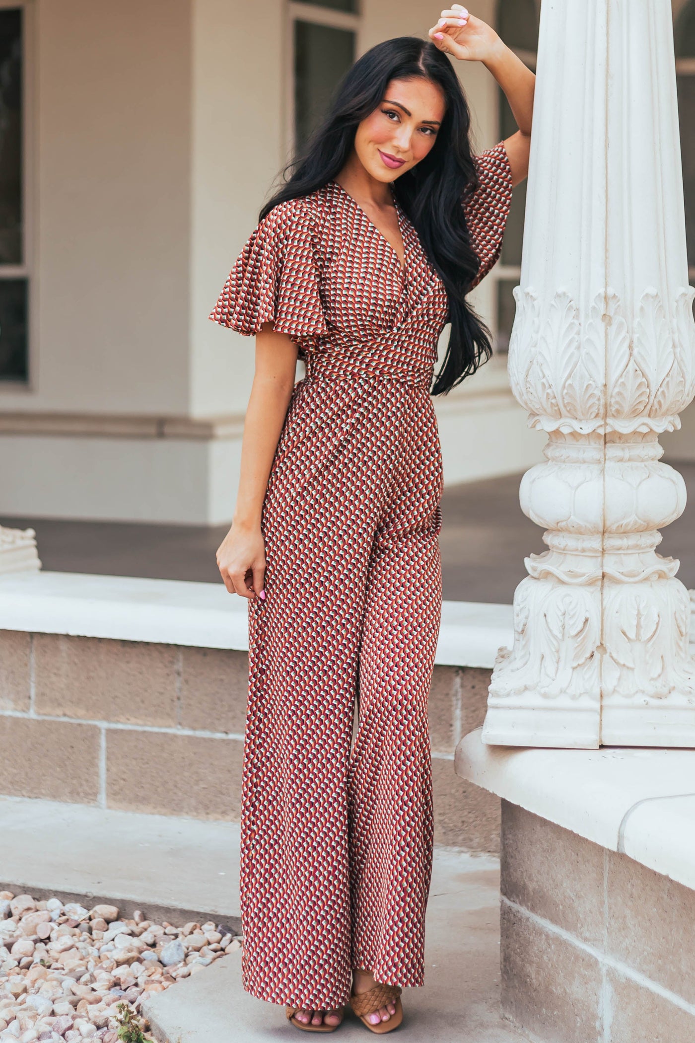 Maroon Abstract Print Flutter Sleeve Jumpsuit