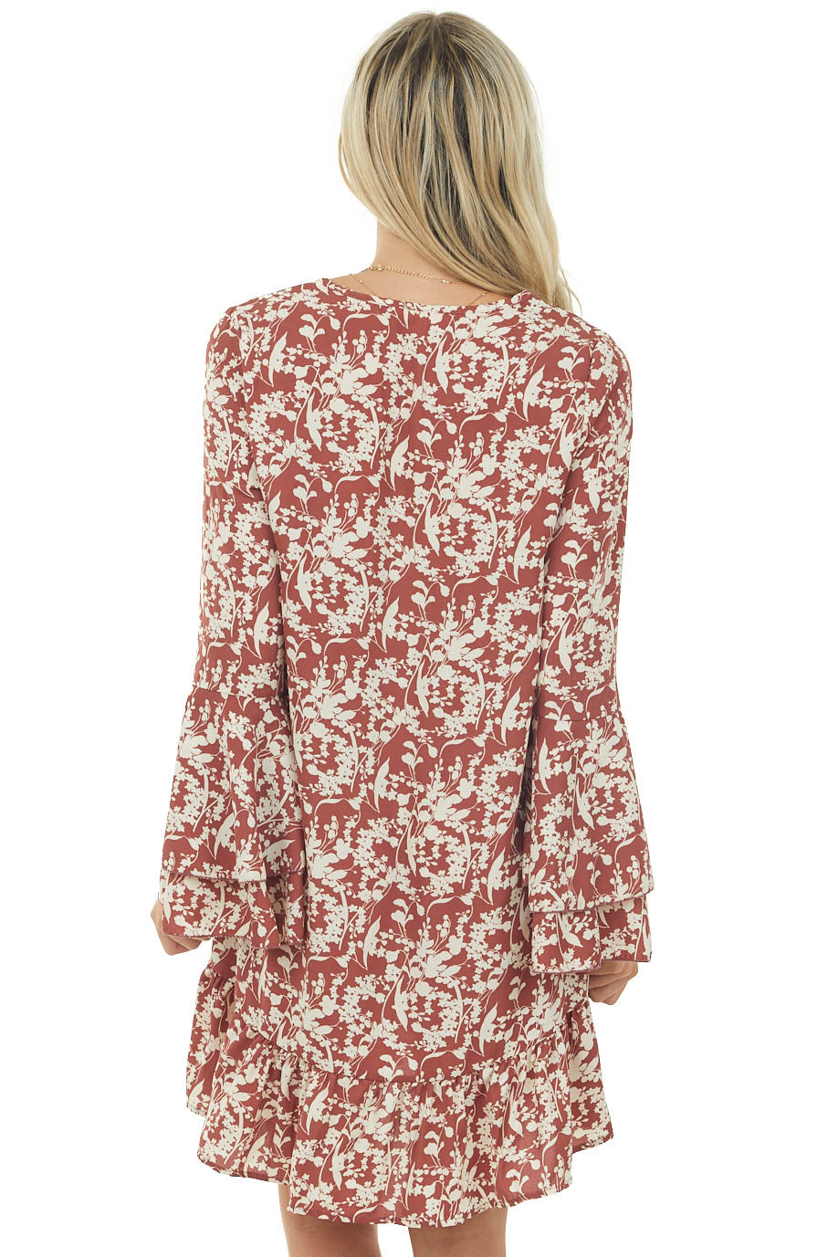 Marsala Floral Print Bell Sleeve Short Dress