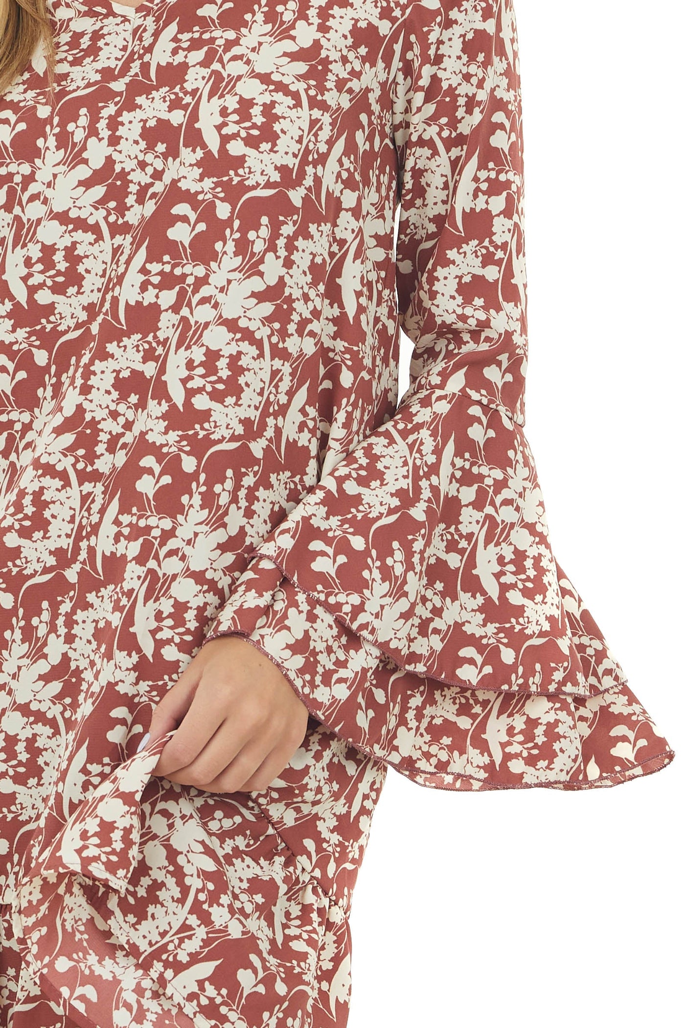 Marsala Floral Print Bell Sleeve Short Dress