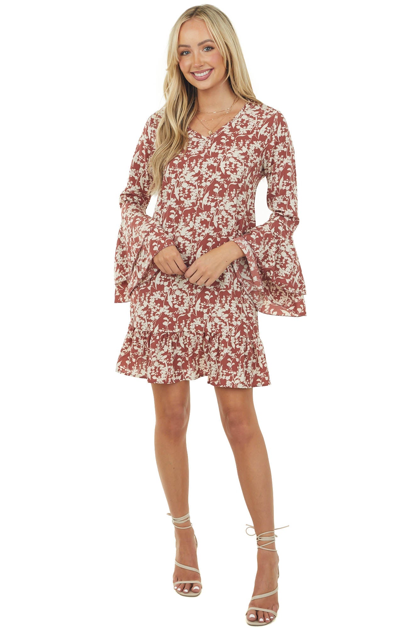 Marsala Floral Print Bell Sleeve Short Dress