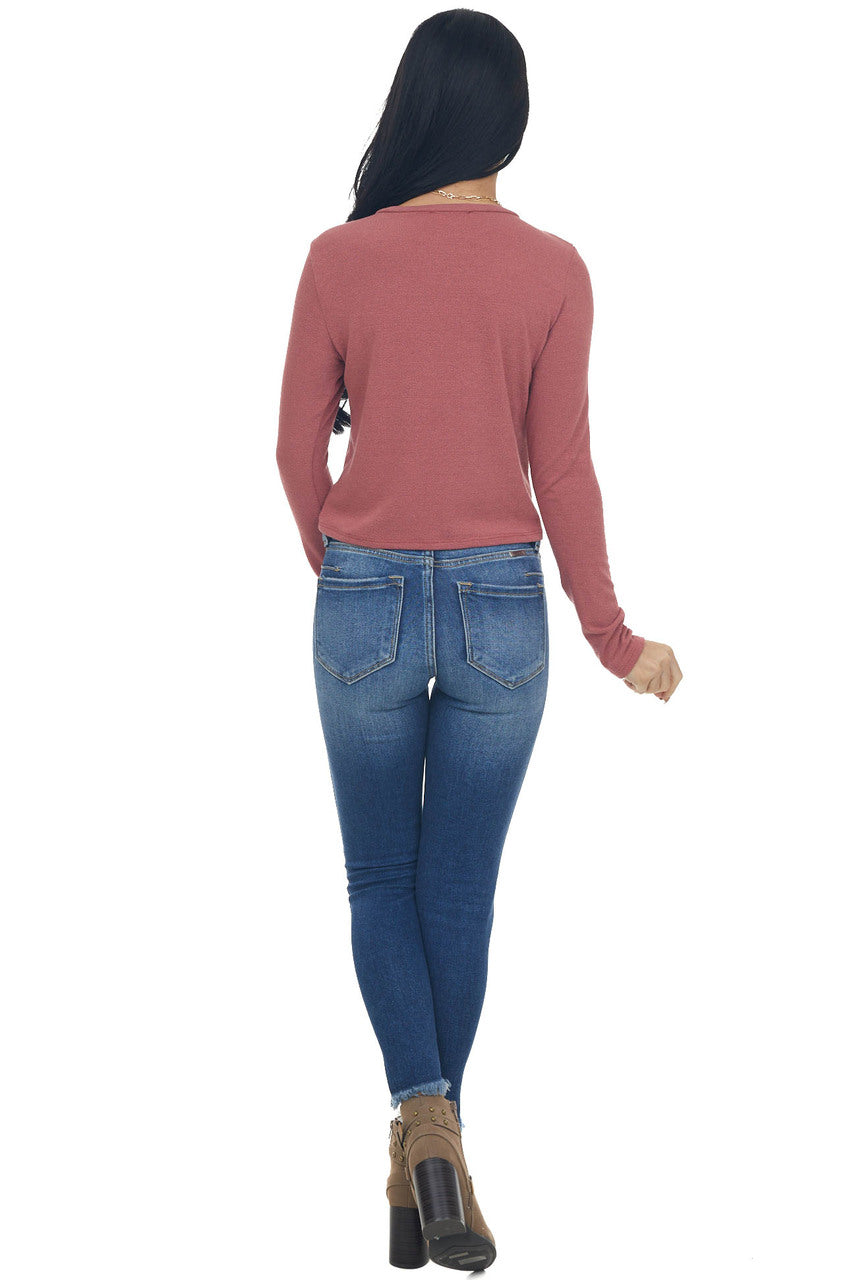 Dark Mauve Long Sleeve Textured Cropped Knit Top