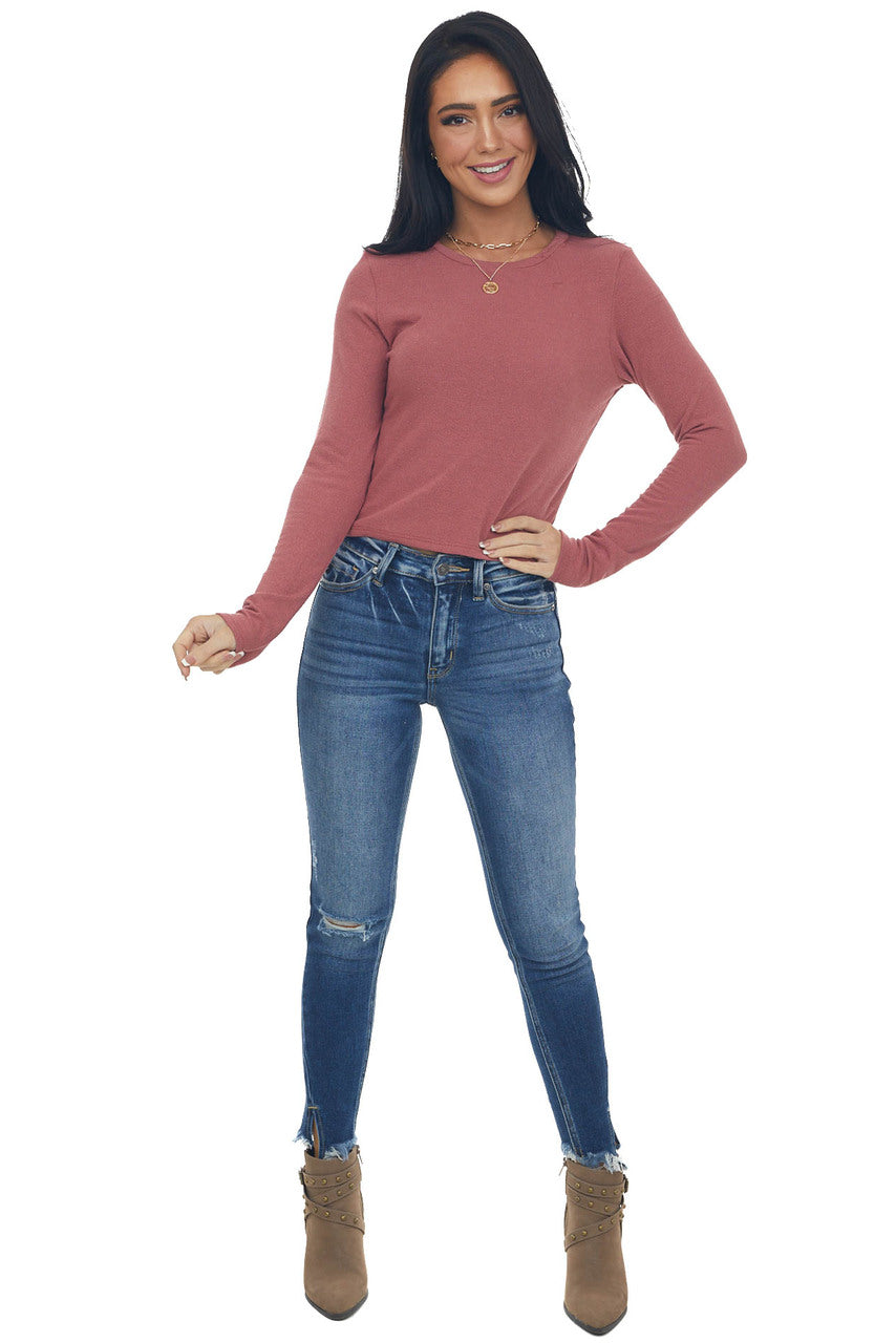 Dark Mauve Long Sleeve Textured Cropped Knit Top