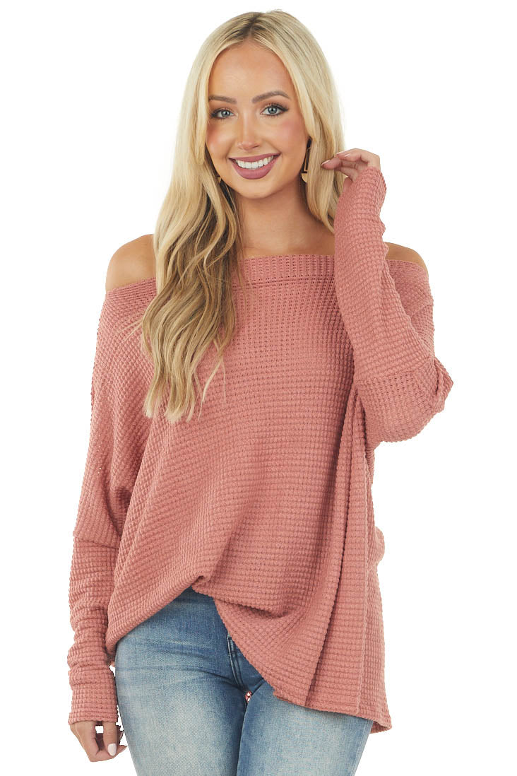 Marsala Oversized Boat Neck Waffle Knit Top