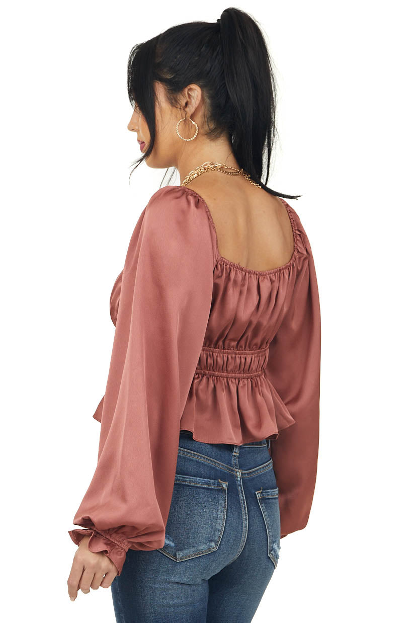 Marsala Satin Peasant Sleeve Peplum Blouse