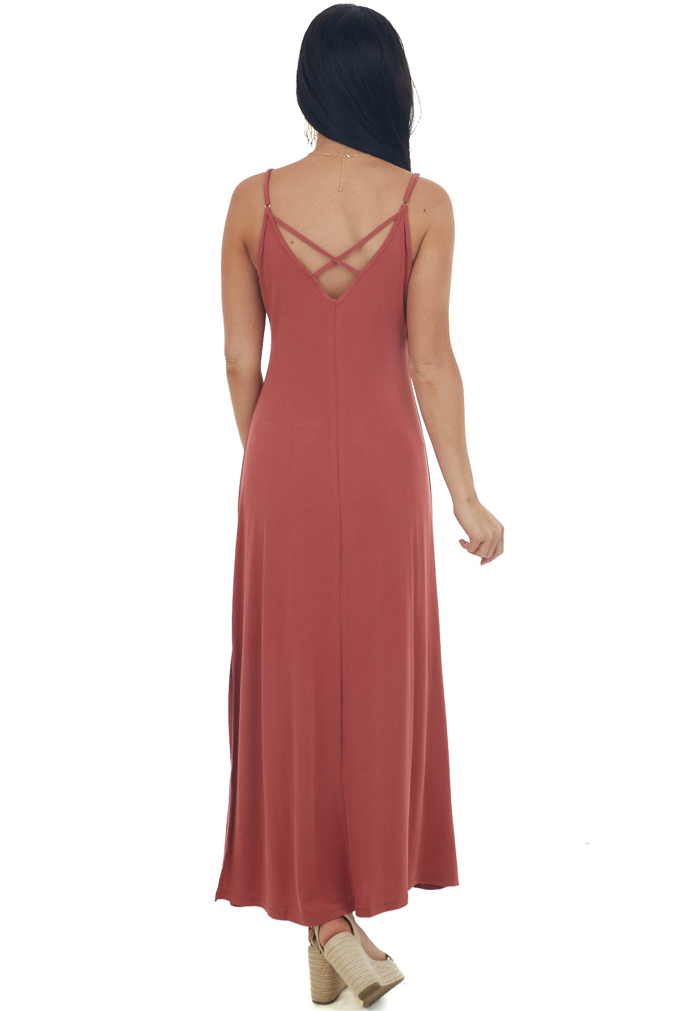 Marsala Side Slit Spaghetti Strap Maxi Dress