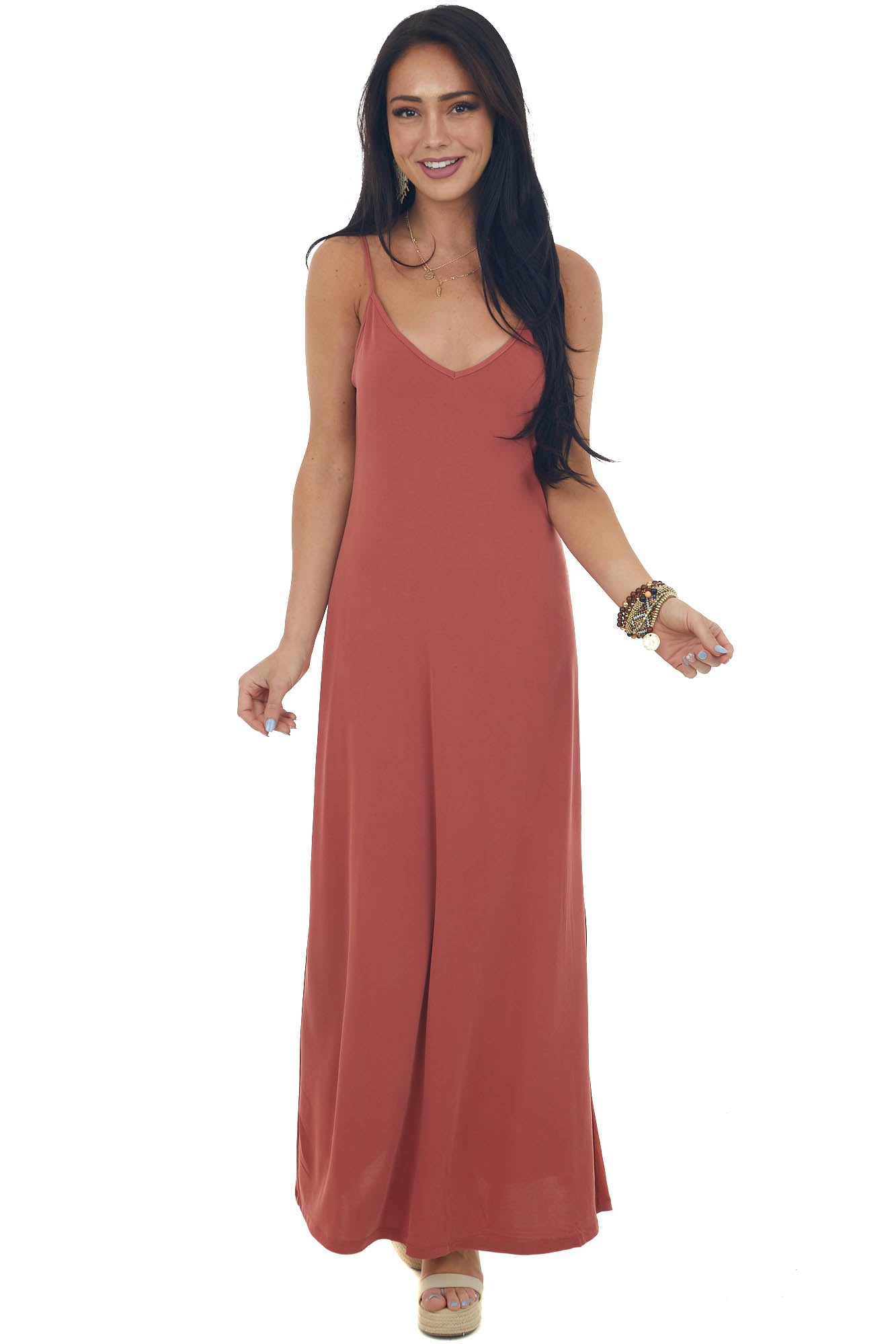 Marsala Side Slit Spaghetti Strap Maxi Dress