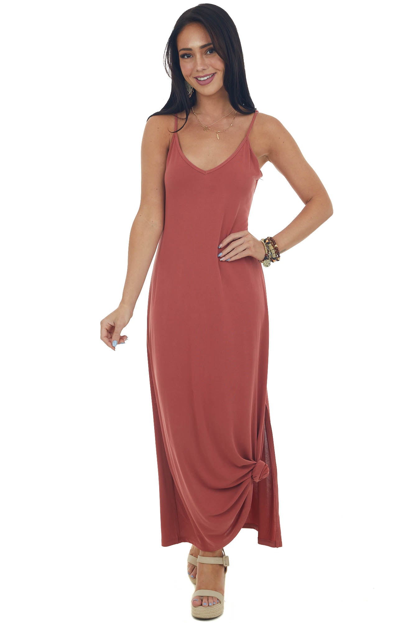 Marsala Side Slit Spaghetti Strap Maxi Dress