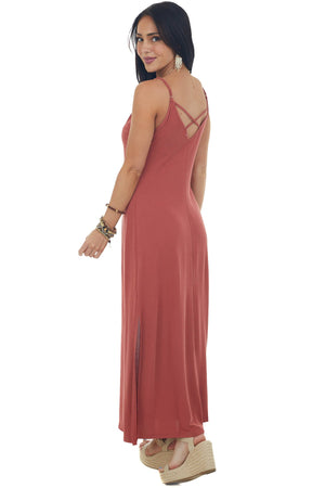 Marsala Side Slit Spaghetti Strap Maxi Dress