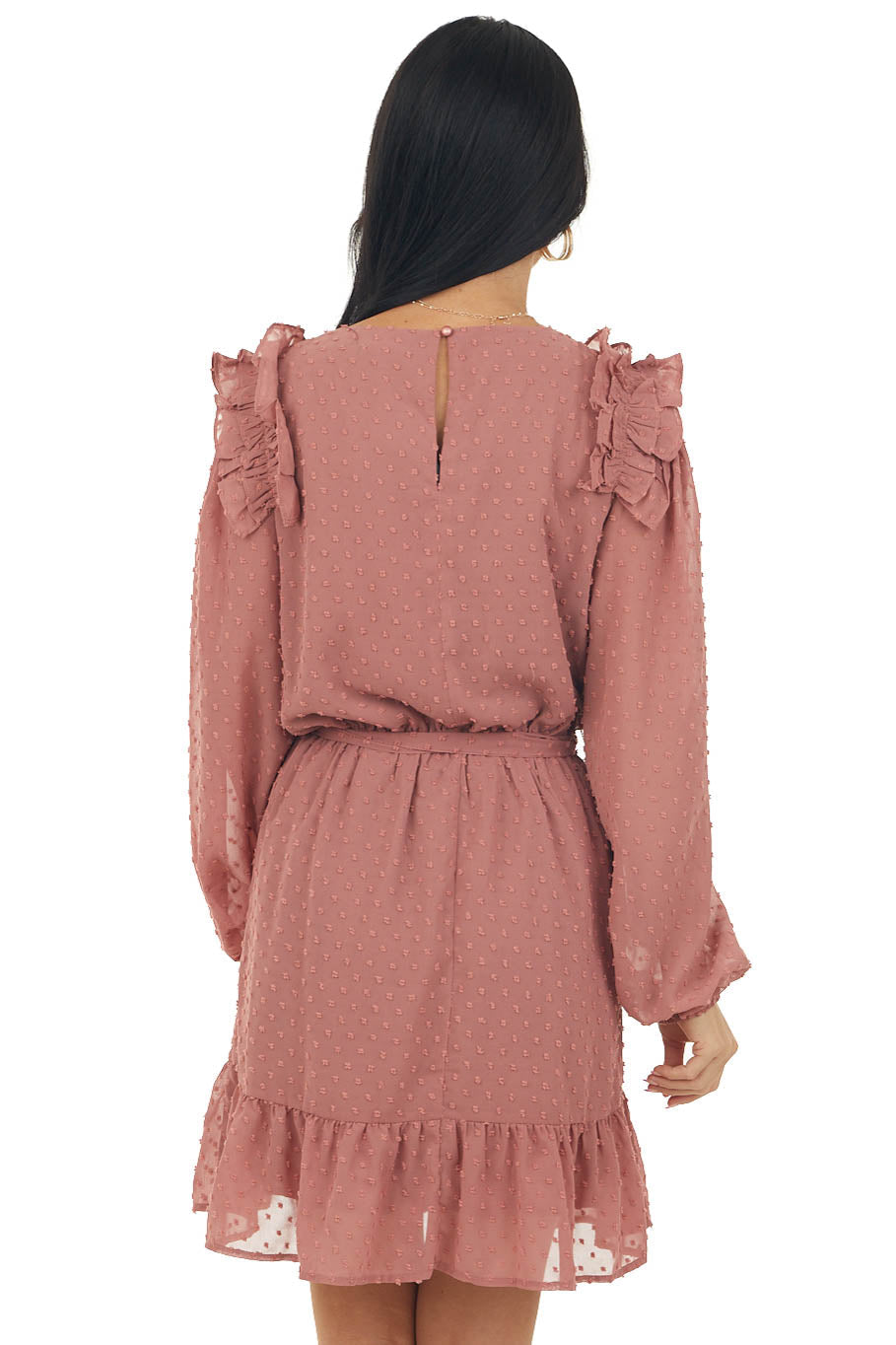 Marsala Swiss Dot Peasant Sleeve Short Dress