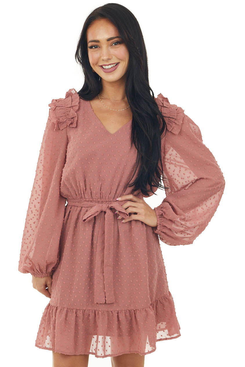 Marsala Swiss Dot Peasant Sleeve Short Dress