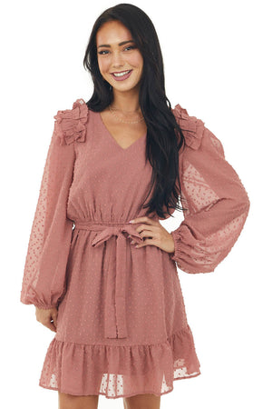 Marsala Swiss Dot Peasant Sleeve Short Dress