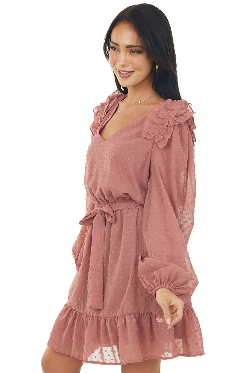 Marsala Swiss Dot Peasant Sleeve Short Dress