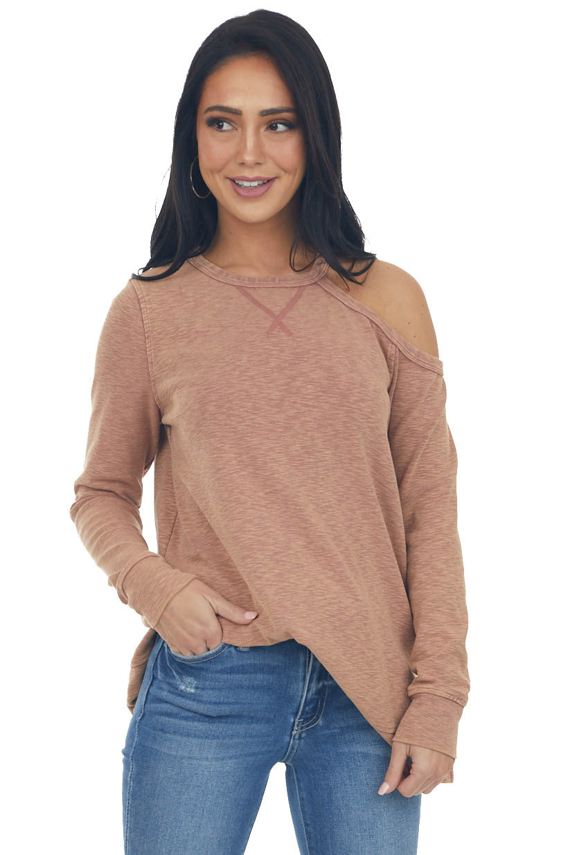 Marsala Two Toned Long Sleeve Top with Cold Shoulder Detail