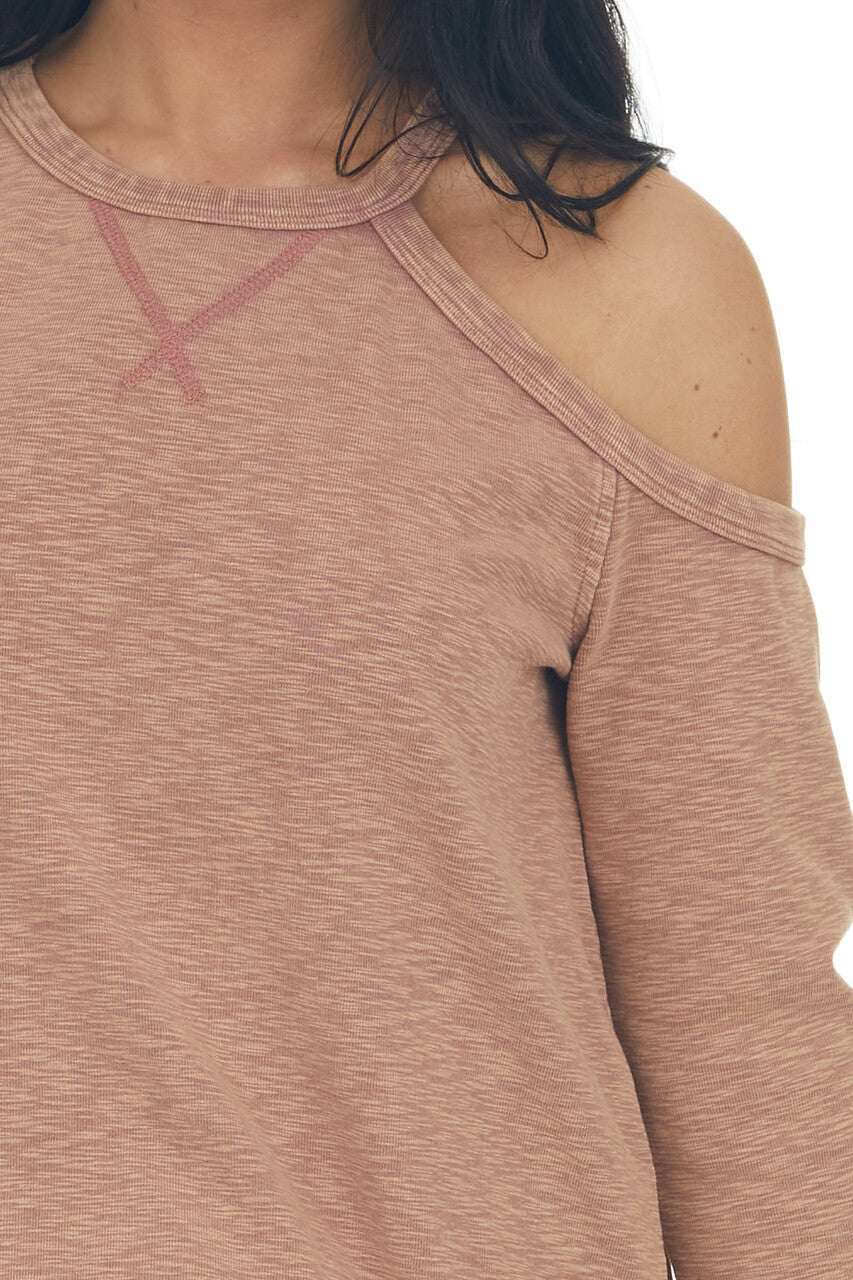 Marsala Two Toned Long Sleeve Top with Cold Shoulder Detail