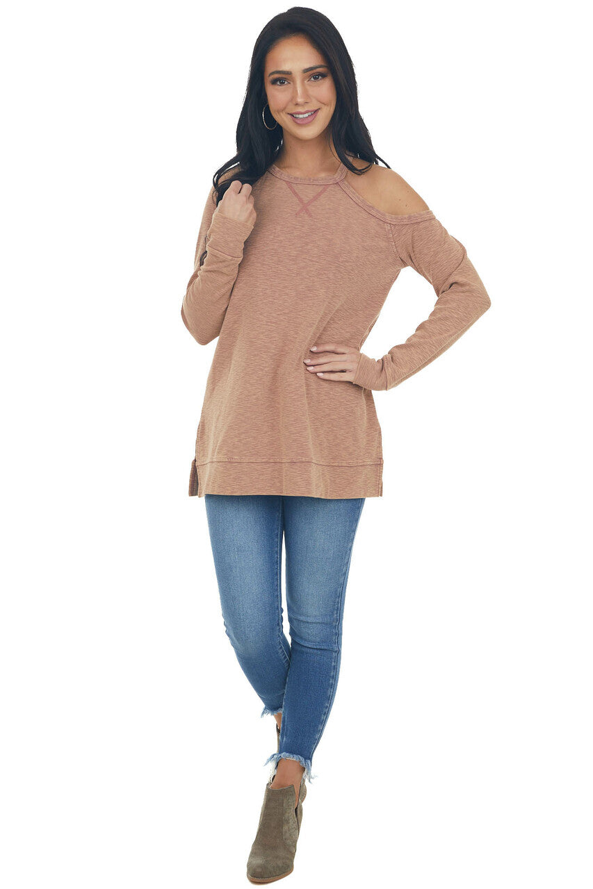 Marsala Two Toned Long Sleeve Top with Cold Shoulder Detail
