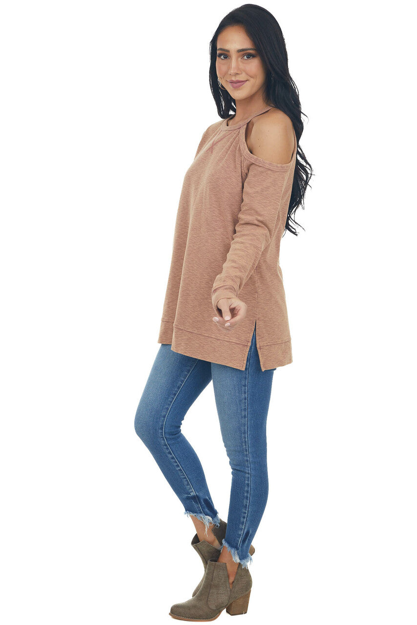 Marsala Two Toned Long Sleeve Top with Cold Shoulder Detail