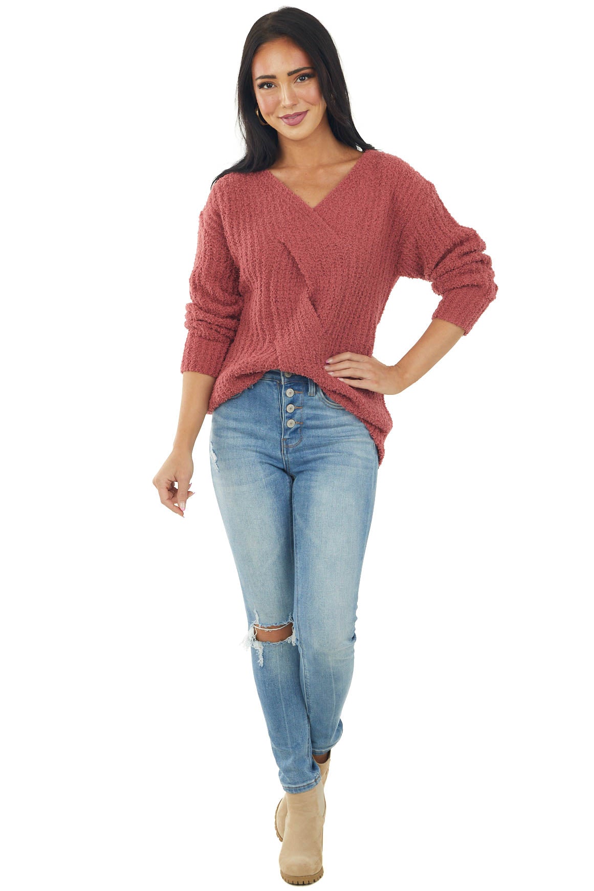 Marsala V Neck Cable Knit Detail Sweater