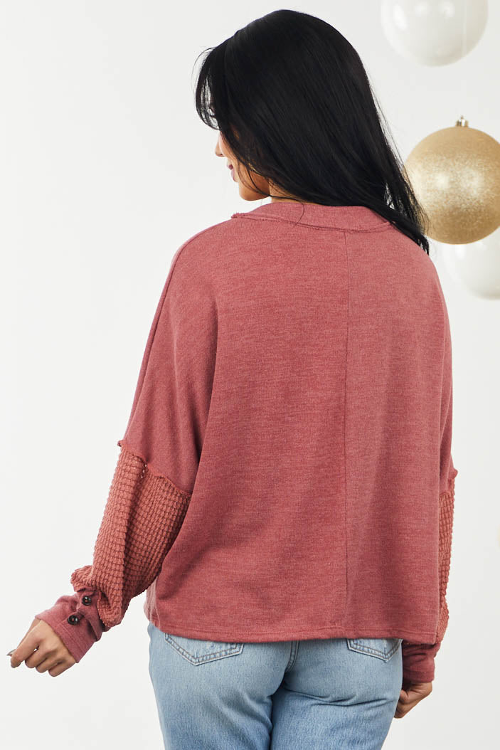 Marsala Waffle Knit Contrast Drop Shoulder Top