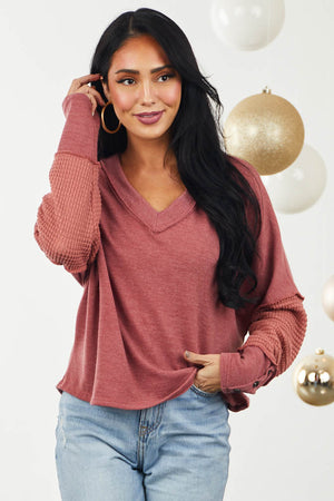 Marsala Waffle Knit Contrast Drop Shoulder Top