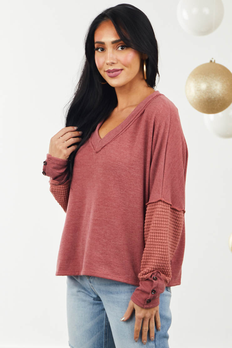 Marsala Waffle Knit Contrast Drop Shoulder Top