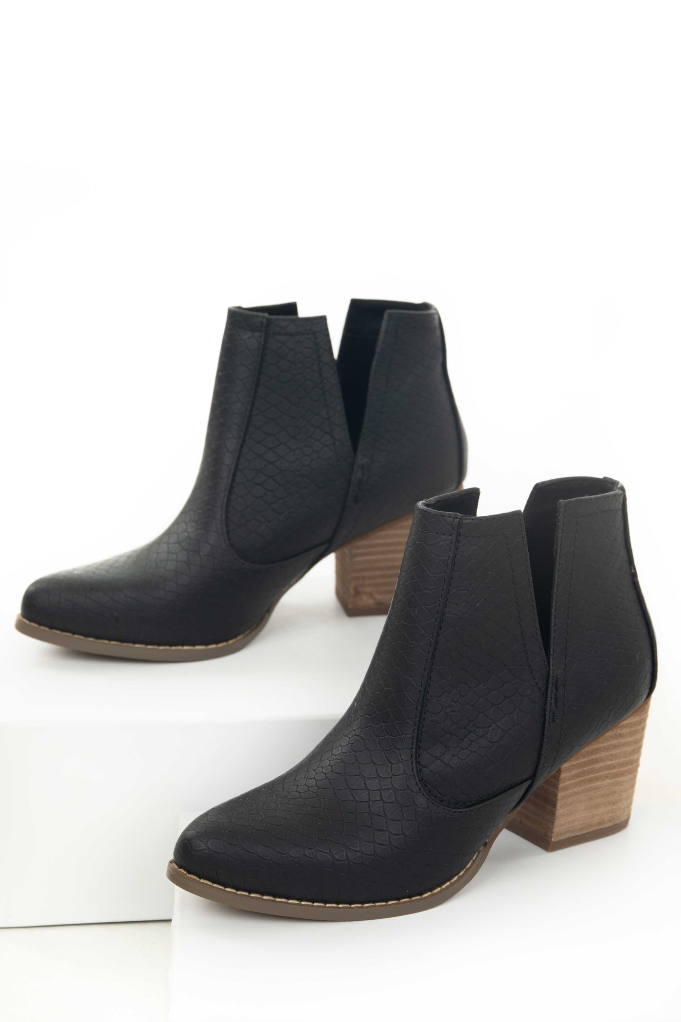 Matte Black Snakeskin and Faux Suede Heeled Bootie