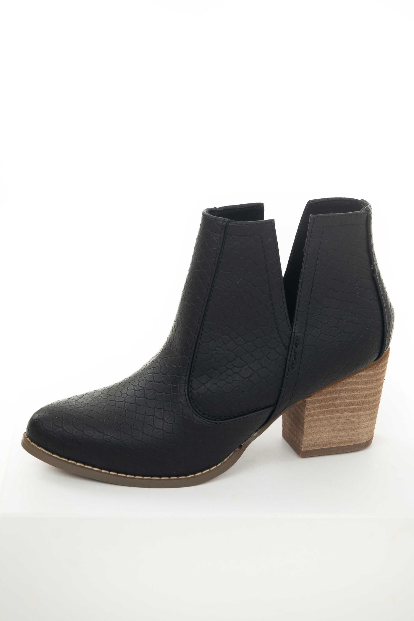 Matte Black Snakeskin and Faux Suede Heeled Bootie