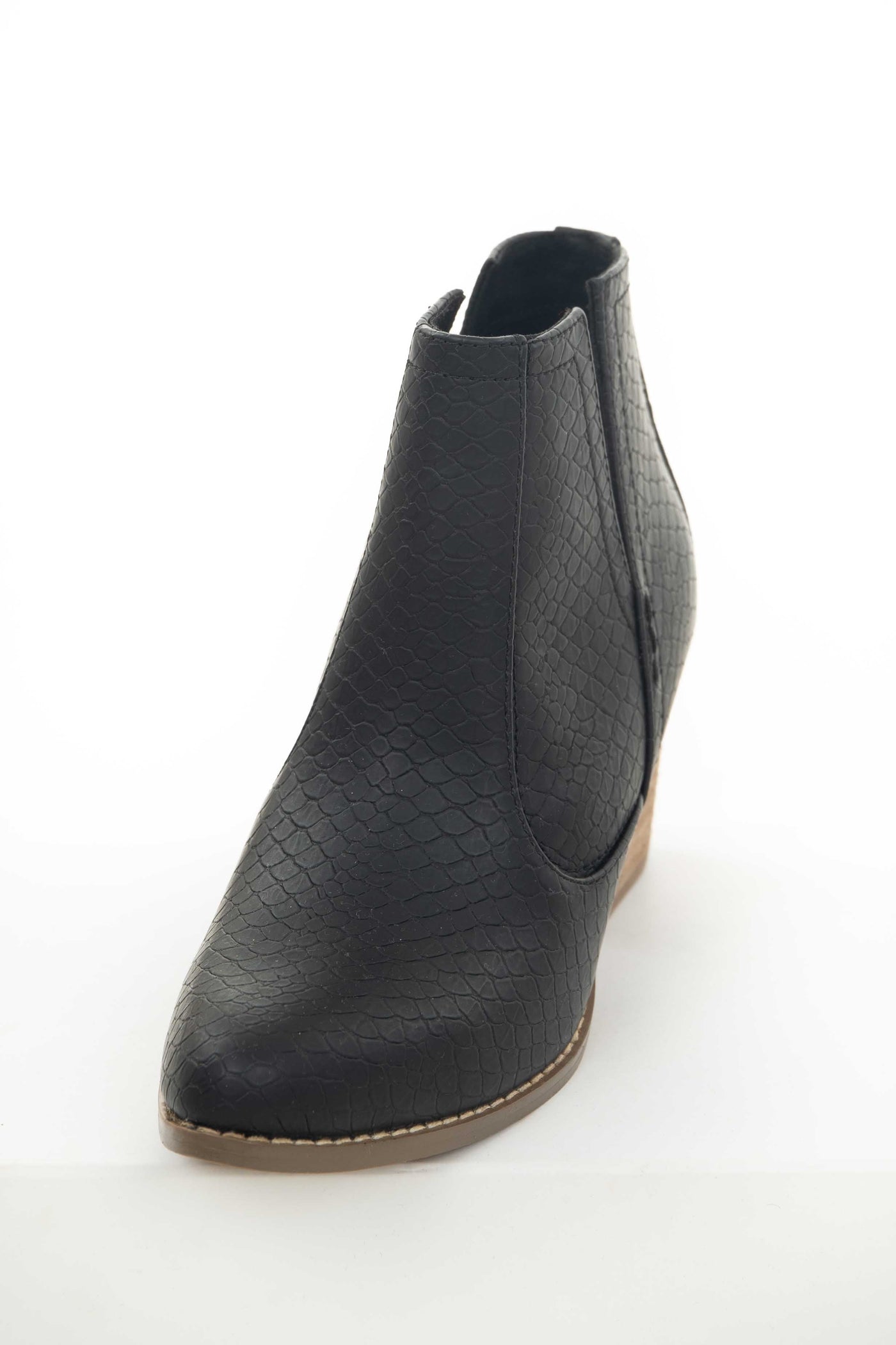 Matte Black Snakeskin and Faux Suede Heeled Bootie