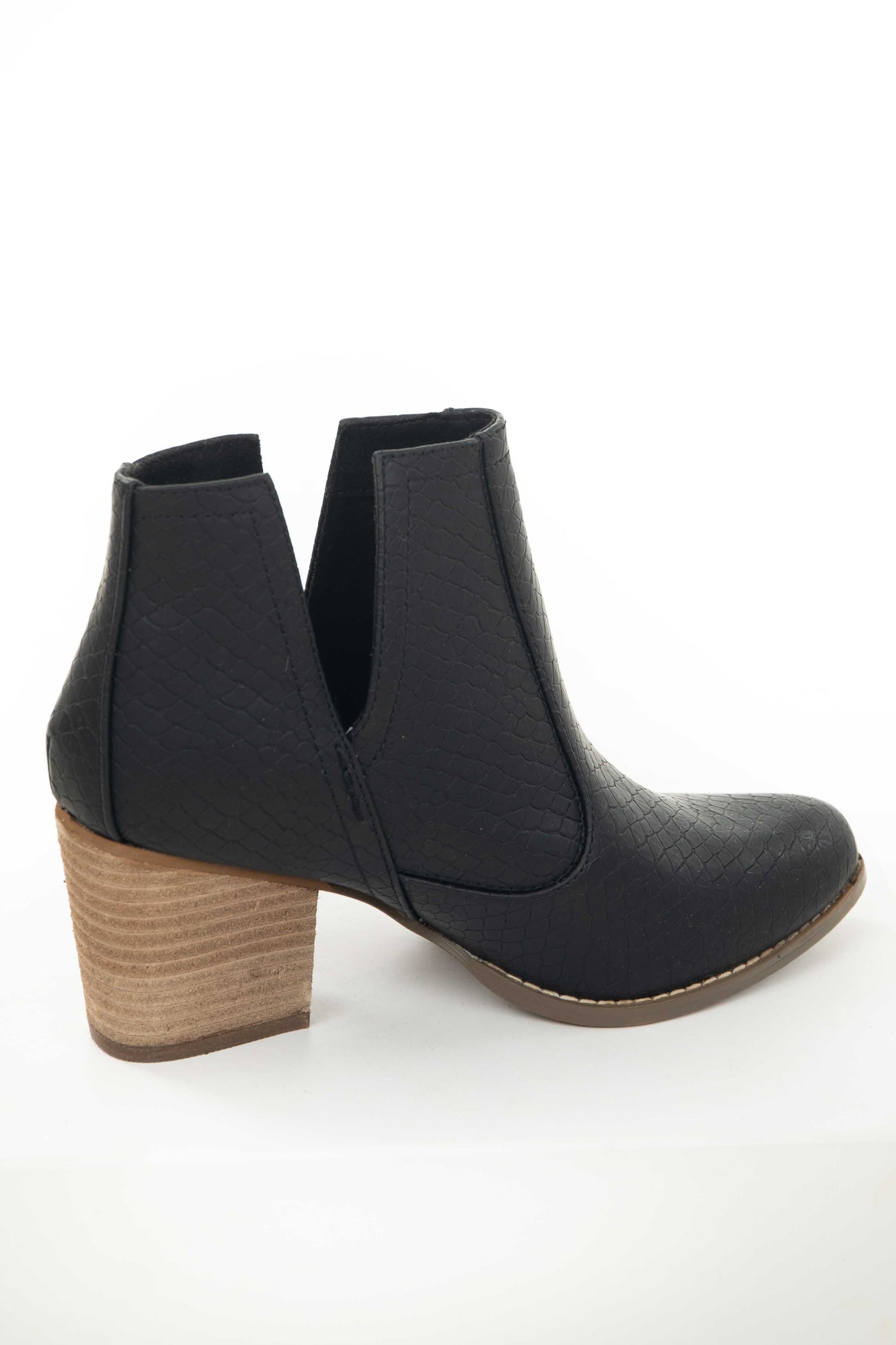 Matte Black Snakeskin and Faux Suede Heeled Bootie