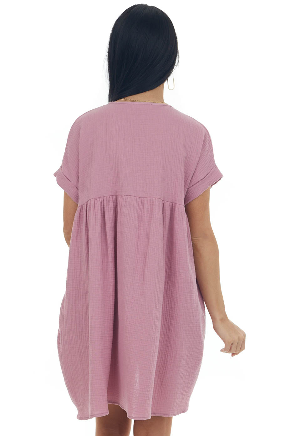 Mauve Babydoll V Neck Gauze Woven Pocket Dress