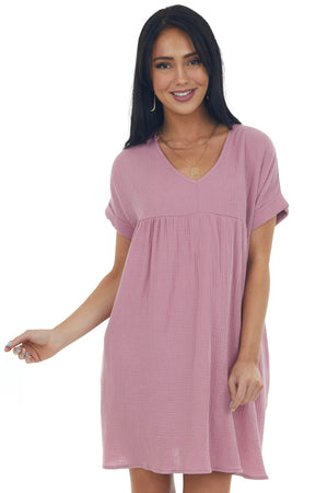 Mauve Babydoll V Neck Gauze Woven Pocket Dress