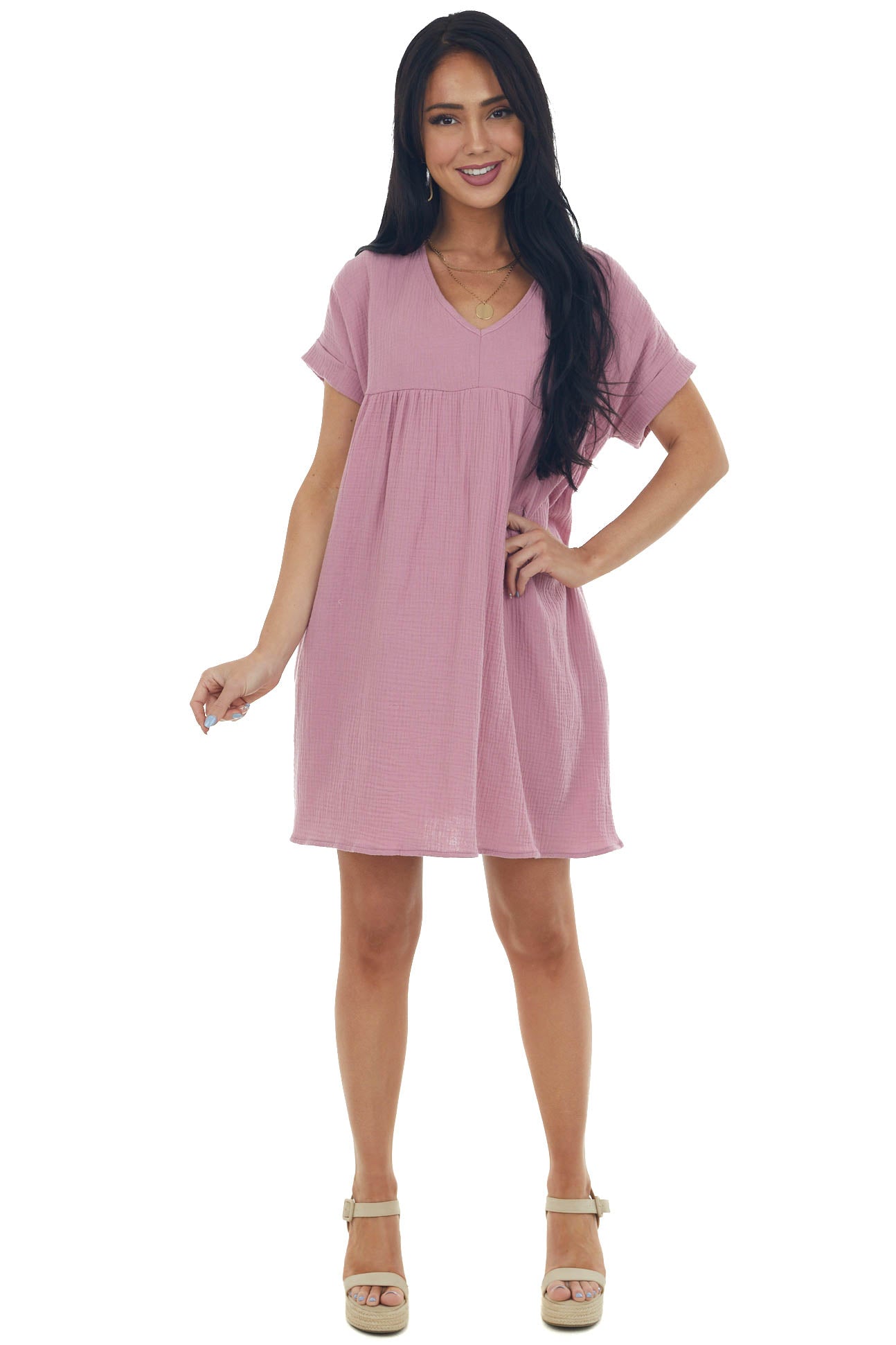 Mauve Babydoll V Neck Gauze Woven Pocket Dress