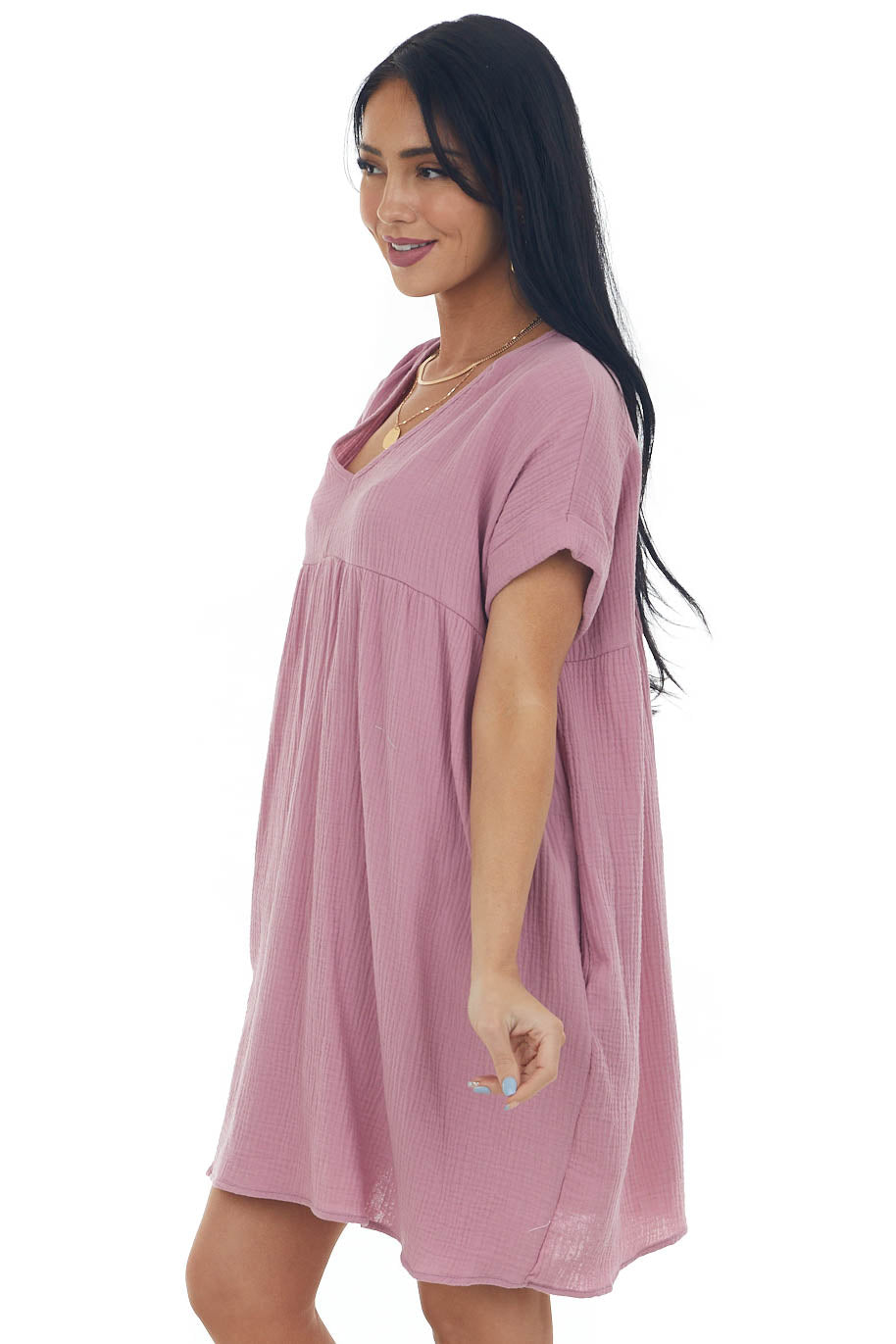 Mauve Babydoll V Neck Gauze Woven Pocket Dress