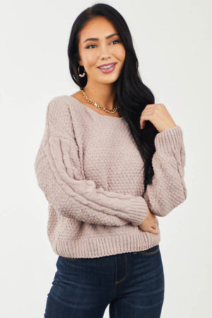 Mauve Boat Neck Thick Knit Chenille Sweater