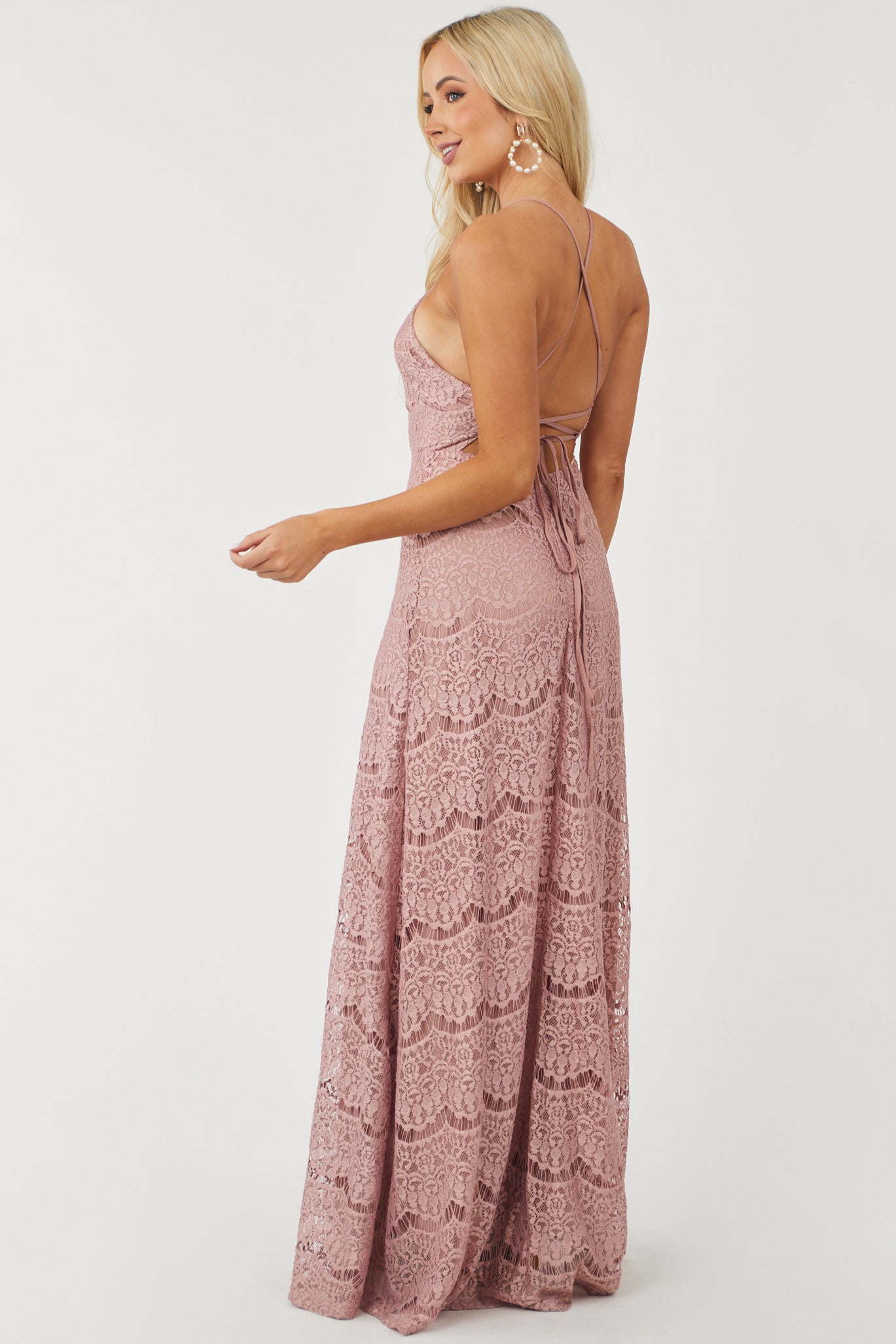 Mauve Crochet Lace Halter Neck Maxi Dress