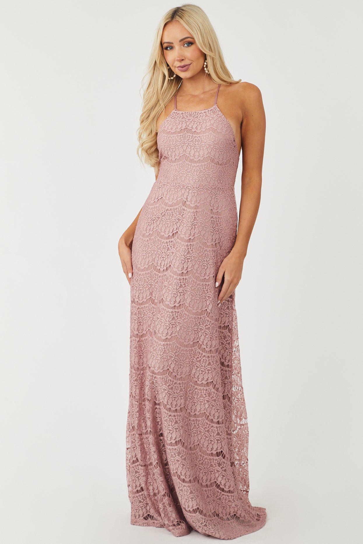 Mauve Crochet Lace Halter Neck Maxi Dress